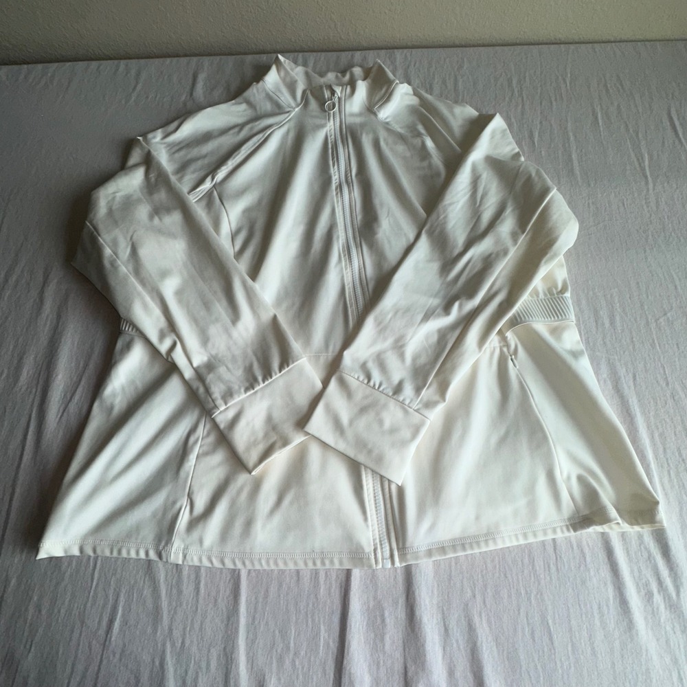 Fabletics Womens Full Zip Athletic Jacket Cream Off White Thumbhole Mock Neck XL